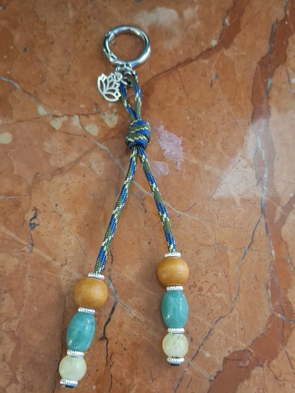 Beaded Tassel Keychain Bag Charm with Lotus Charm - Teal, Wood & Cream
